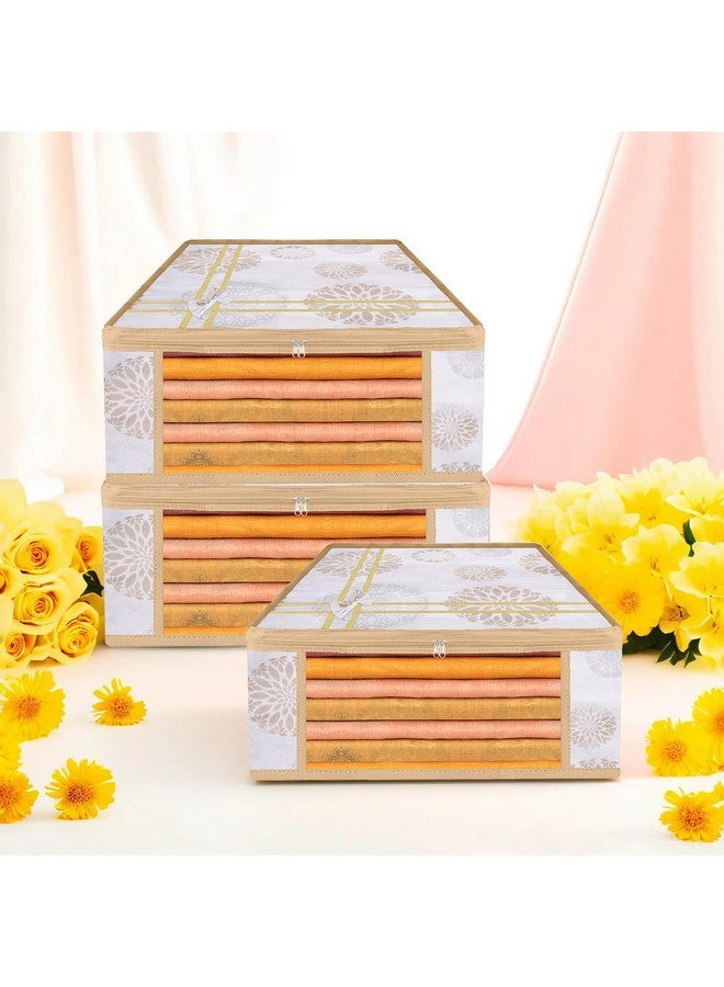 Kuber Industries Pack of 3 Saree Storage Bag | 9 Inch | Wardrobe Bag for Lehenga-Suit | Garments Bag | Lightweight-Portable Clothes Bag | Visible Window Saree Bag | Bow Gola Print | White - Image 1