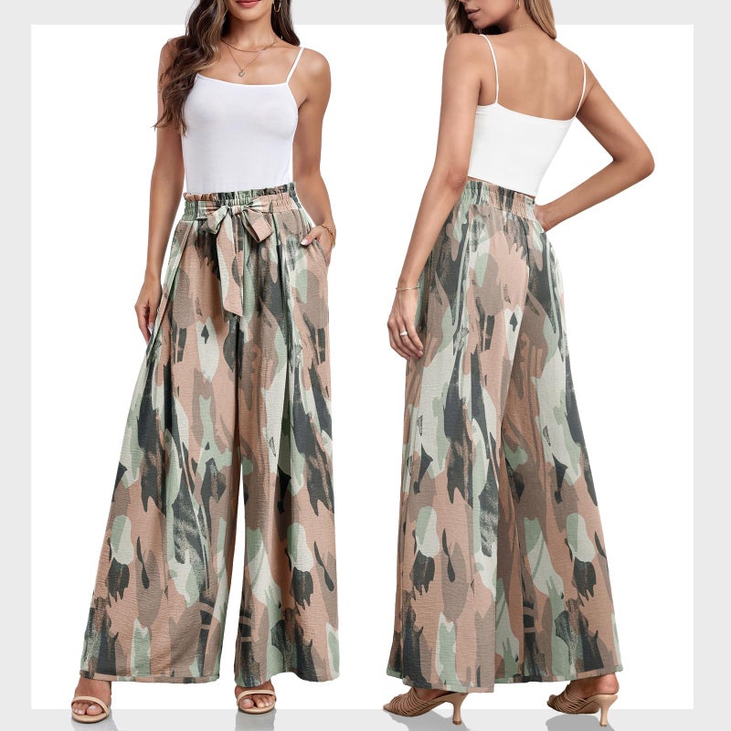 Lepunuo Women's High Waist Print Wide Leg Pants Boho Loose Casual Long Palazzo Fit Pants Trousers Camo - Pink - Image 5