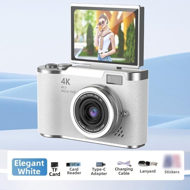 4K CCD Digital Camera 48MP Compact 180 Degree Flip Screen 8X Digital Zoom White 32G - Image 1