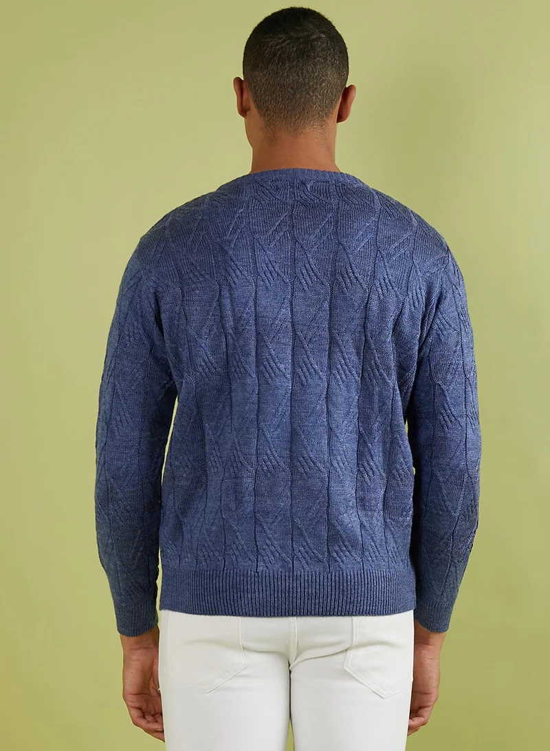 Campus Sutra Men's Blue Textured Knit Pullover Sweater