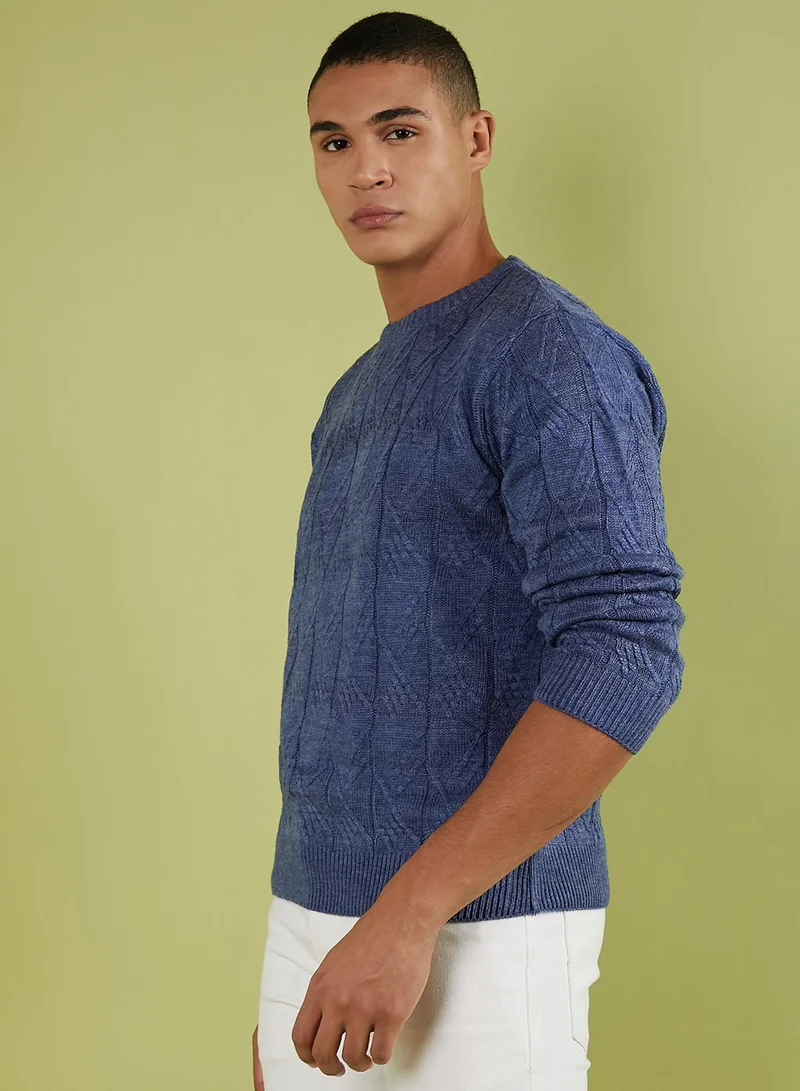 Campus Sutra Men's Blue Textured Knit Pullover Sweater
