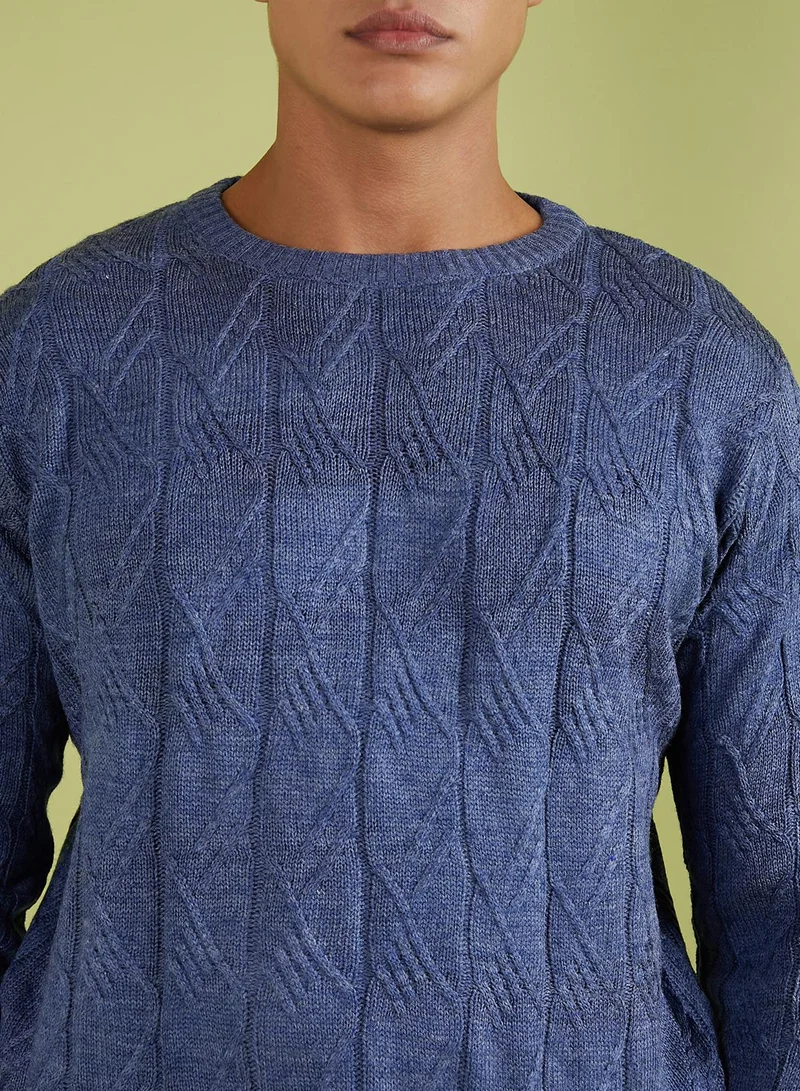 Campus Sutra Men's Blue Textured Knit Pullover Sweater