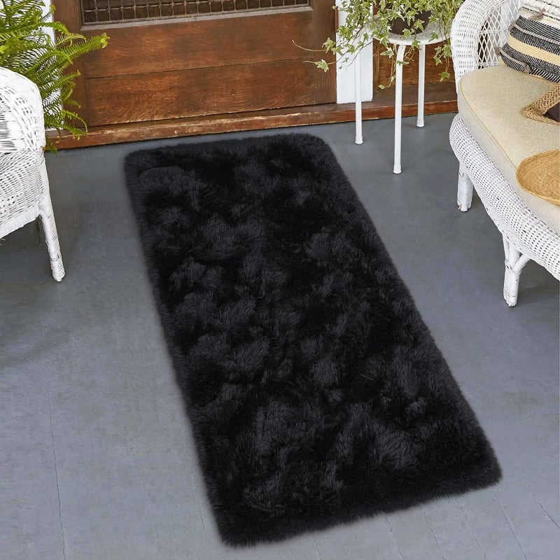 Amearea Shag Fluffy Small Prug 2 × 4 أقدام رمي السجاد لغرفة نوم الفتيات غرفة المعيشة ناعمة وغامضة سجادة أشعث غير قسيمة ألوان صلبة الحضانة السجاد السجاد الأسود - Image 3