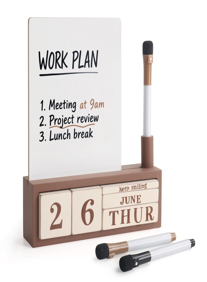 SELEAD Wooden Block Desk Calendar with Dry Erase White Board - Daily Desktop Perpetual Calendar Words Sign Quotes for Home Office Classroom Decor, Teachers Students - Brown - Image 1