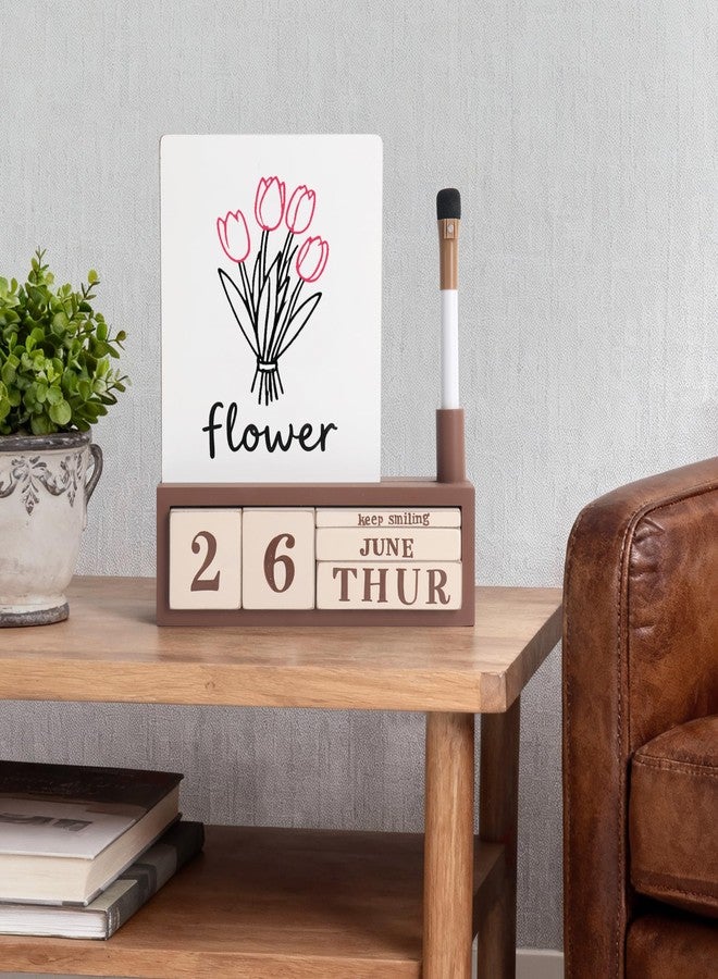 SELEAD Wooden Block Desk Calendar with Dry Erase White Board - Daily Desktop Perpetual Calendar Words Sign Quotes for Home Office Classroom Decor, Teachers Students - Brown - Image 3
