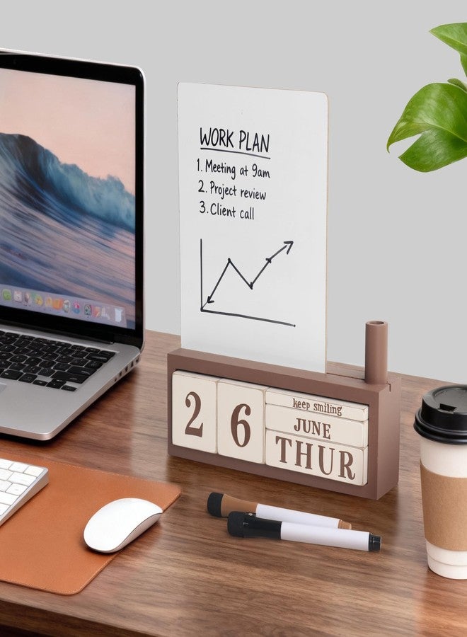 SELEAD Wooden Block Desk Calendar with Dry Erase White Board - Daily Desktop Perpetual Calendar Words Sign Quotes for Home Office Classroom Decor, Teachers Students - Brown - Image 2
