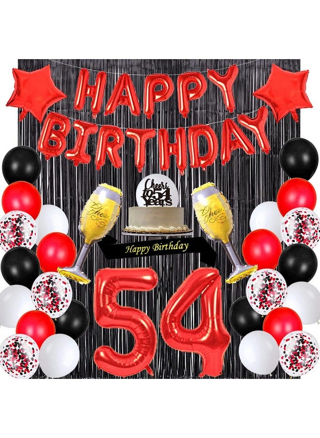 santonila - Red 54Th Birthday Decorations Happy Birthday Banner Sash Cheers To 54 Years Cake Topper Number 54 Confetti Latex Balloons Black Tinsel Foil Fringe Curtains For Women 54 Years Old Birthday - Image 1
