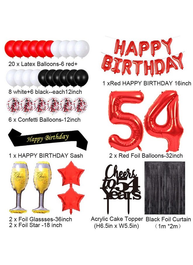 santonila - Red 54Th Birthday Decorations Happy Birthday Banner Sash Cheers To 54 Years Cake Topper Number 54 Confetti Latex Balloons Black Tinsel Foil Fringe Curtains For Women 54 Years Old Birthday - Image 1