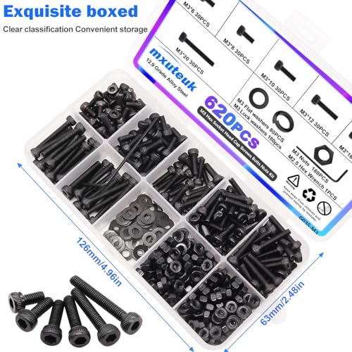 mxuteuk 620PCS M3 Screw Kit,M3 Screws Suitable for 3D Printer,12.9 Grade Alloy Steel 6/8/10/12/16/20mm Hex Socket Head Cap Screws Bolts Nuts Kit - Image 5