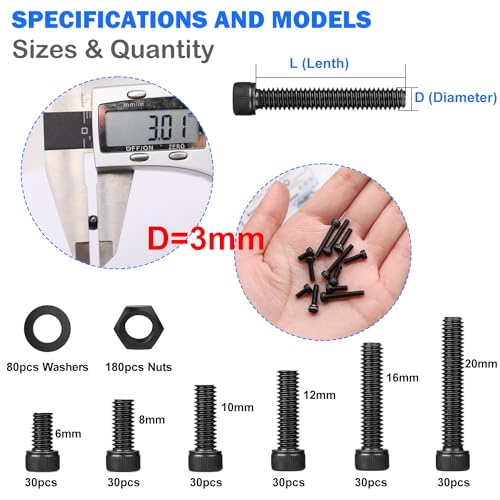 mxuteuk 620PCS M3 Screw Kit,M3 Screws Suitable for 3D Printer,12.9 Grade Alloy Steel 6/8/10/12/16/20mm Hex Socket Head Cap Screws Bolts Nuts Kit - Image 2