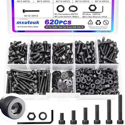 mxuteuk 620PCS M3 Screw Kit,M3 Screws Suitable for 3D Printer,12.9 Grade Alloy Steel 6/8/10/12/16/20mm Hex Socket Head Cap Screws Bolts Nuts Kit - Image 1