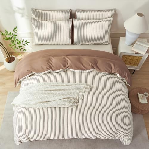 BUPIRD Mocha Brown Comforter Queen Set Striped Soft Washed Microfiber Jacquard 3 Pieces Striped Bedding Sets Mocha Brown White Comforter Queen for All Seasons and 2 Pillowcases Comfort Breathable - Image 4