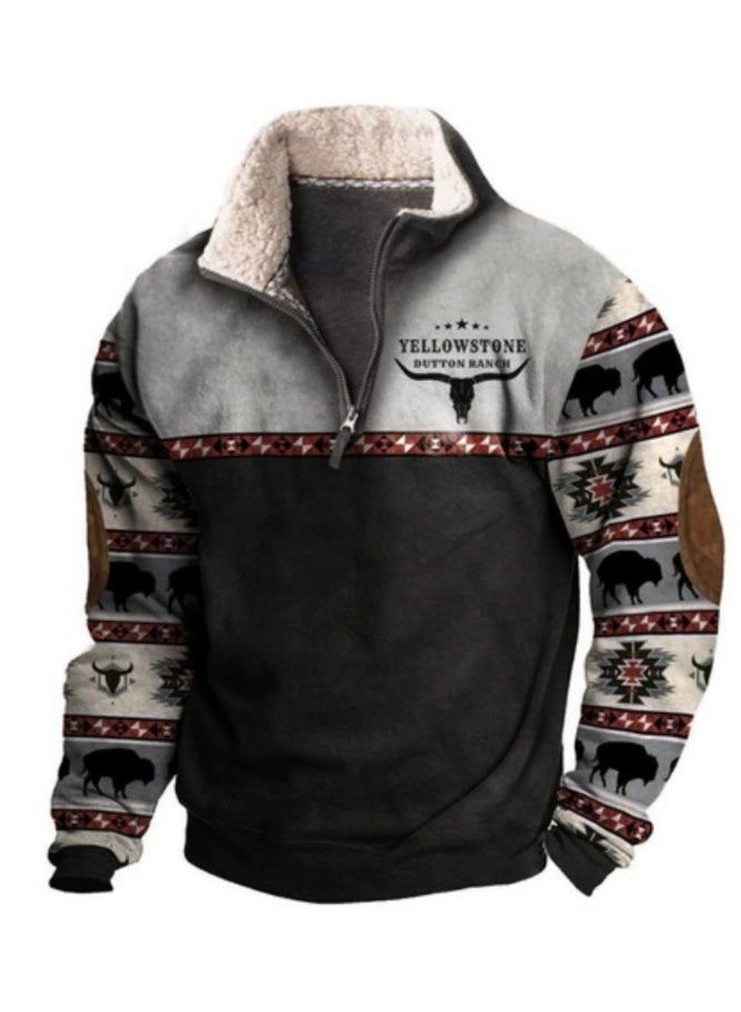 general HOTYD Men's 1/4 Zip Fleece Stand Collar Sweatshirt Aztec Pattern Oversized Long Sleeve Pullover Hoodie - Image 1