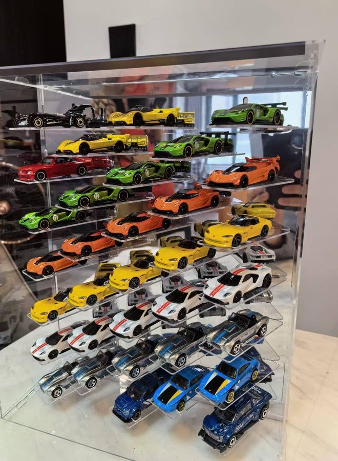 GALUMO Display Case for Hot Wheels with Lights and Acrylic Cover 1/64 Display Case 45 Degree Angle Toy Cars Storage Case Hold 33 Cars Storage Case for Hot Wheels Gifts for Hot Wheels Collector (Silver) - Image 4
