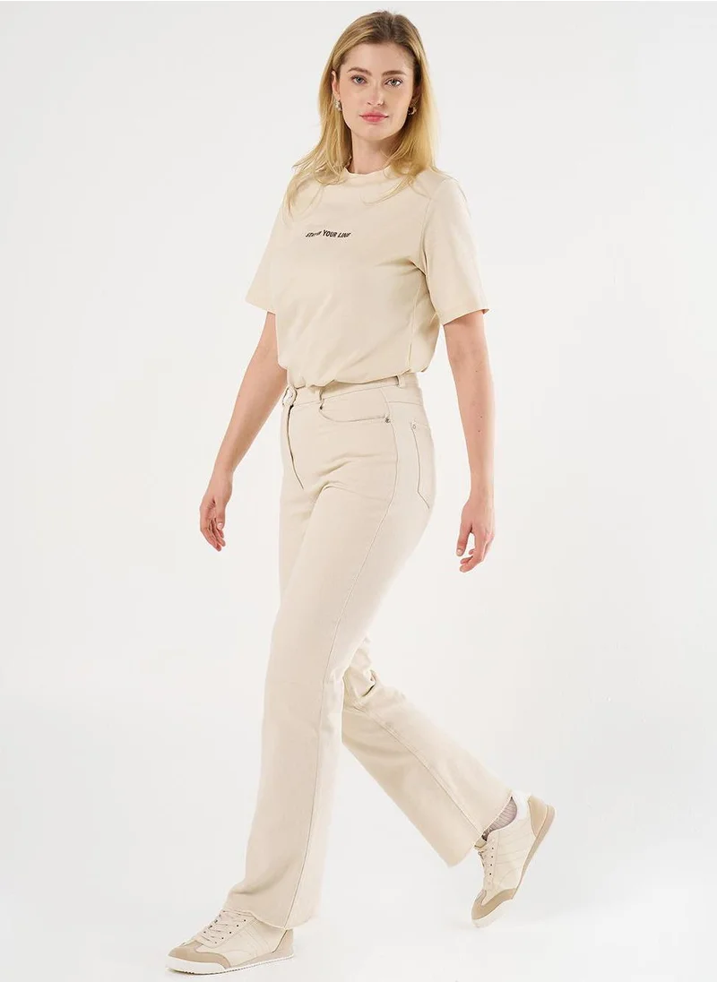 Kayra High-Waist Straight Denim Pants Cream