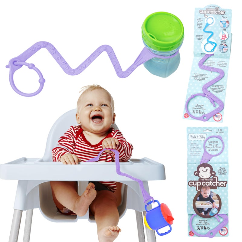 Brilli Baby Cup Catcher Patented Safety Tether Strap, Attach Sippy Cups, Bottles, Pacifiers & More to Stroller, High Chair, Car Seat, Made in USA, Food Grade, Dishwasher Safe (Lavender) - Image 1