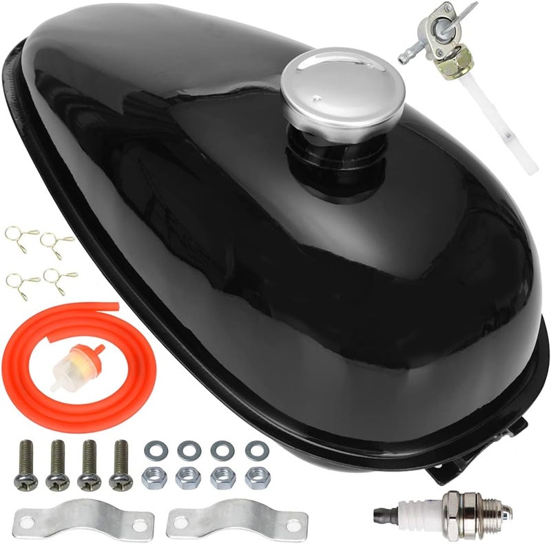 FVRITO Metal Motorized Bike Gas Tank 4L Compatible with 2 Stroke 49cc 60cc 66cc 80cc Engine Motorized Bicycle, Fuel Tank 1.06 Gallons with Gas Tank Cap Motor Motorcycle Replacement Parts - Image 1