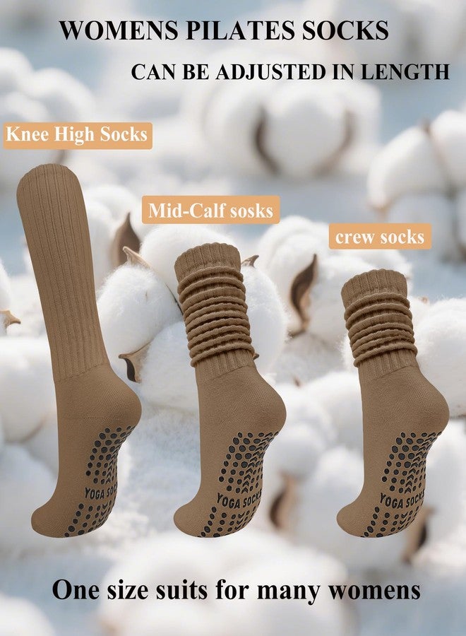 Darller Grip Pilates Socks for Women, Non Slip Yoga Slouch Scrunch Socks with Grips for Barre Ballet Workout Hospital, Brown Series 4 Pairs - Image 2