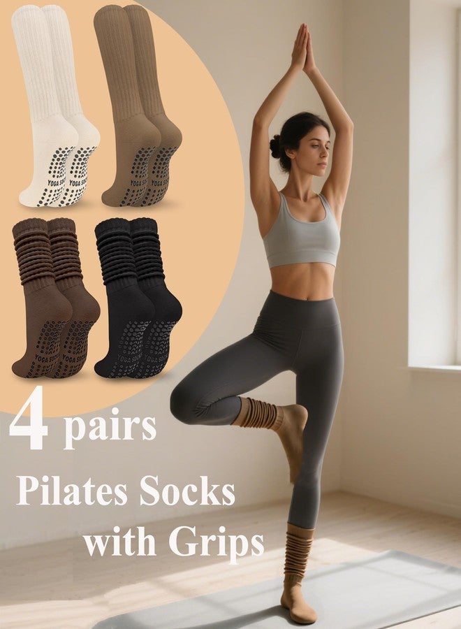 Darller Grip Pilates Socks for Women, Non Slip Yoga Slouch Scrunch Socks with Grips for Barre Ballet Workout Hospital, Brown Series 4 Pairs - Image 5