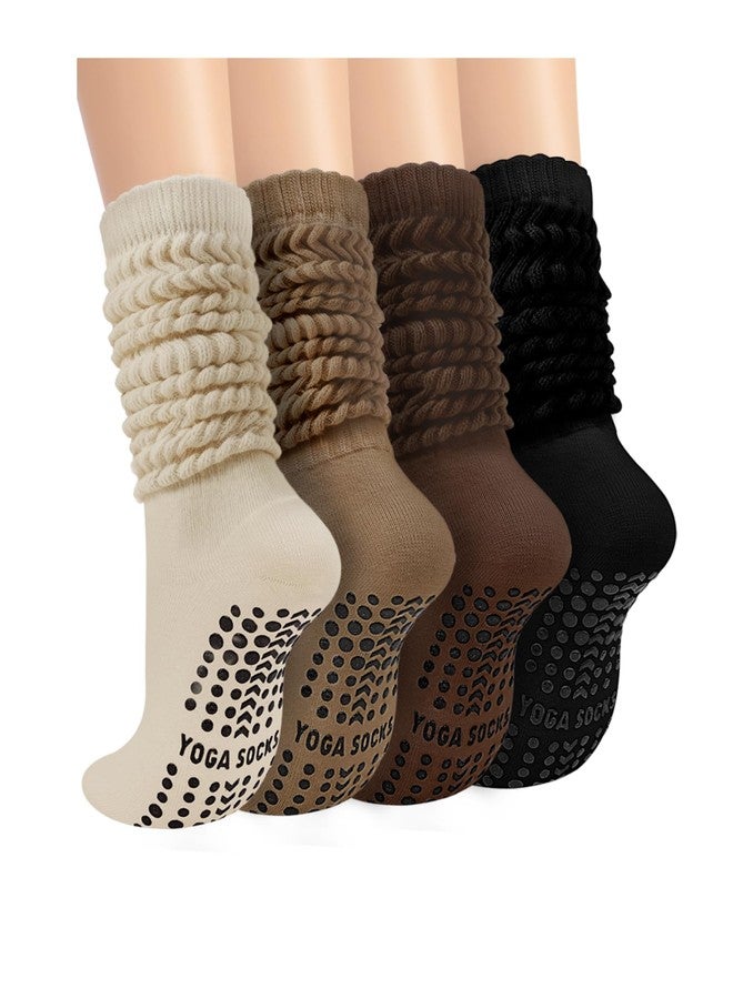 Darller Grip Pilates Socks for Women, Non Slip Yoga Slouch Scrunch Socks with Grips for Barre Ballet Workout Hospital, Brown Series 4 Pairs - Image 1