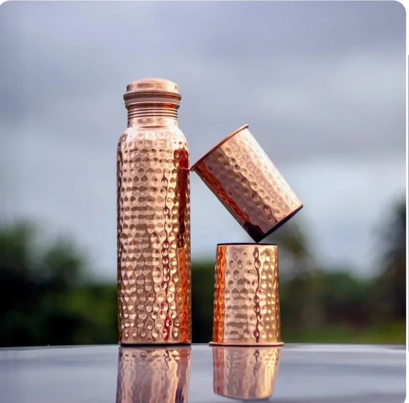 Quesera  Pure Hammered Copper Bottle with 2 Glasses  | Best Price UAE