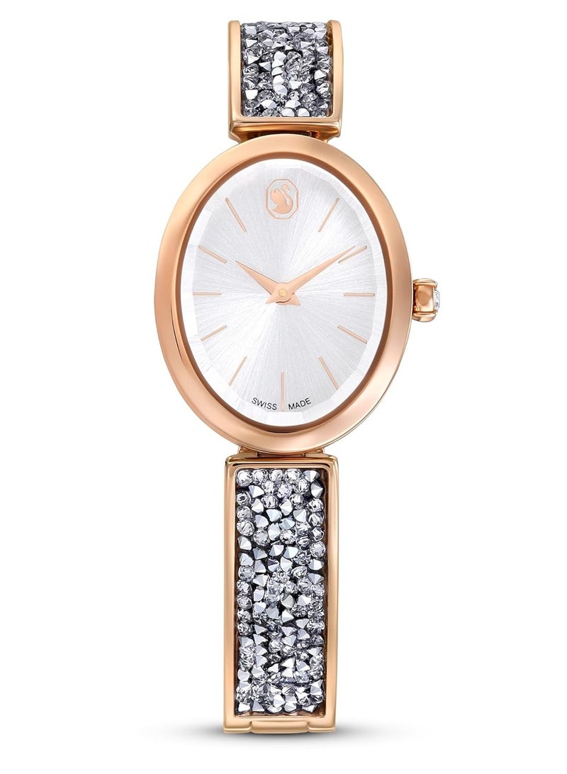 SWAROVSKI ساعة كريستال روك بيضاوية سويسرية الصنع، سوار معدني، لون فضي، تشطيب بلون الذهب الوردي - Image 1