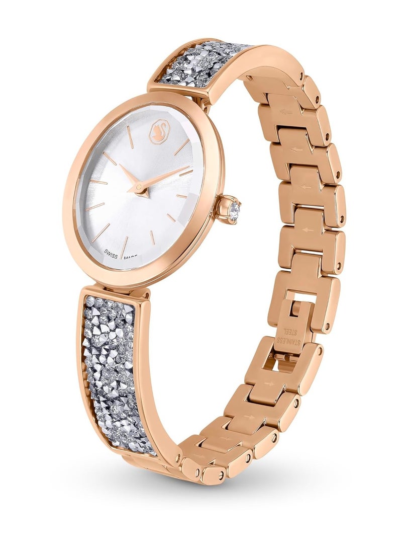 SWAROVSKI ساعة كريستال روك بيضاوية سويسرية الصنع، سوار معدني، لون فضي، تشطيب بلون الذهب الوردي - Image 2