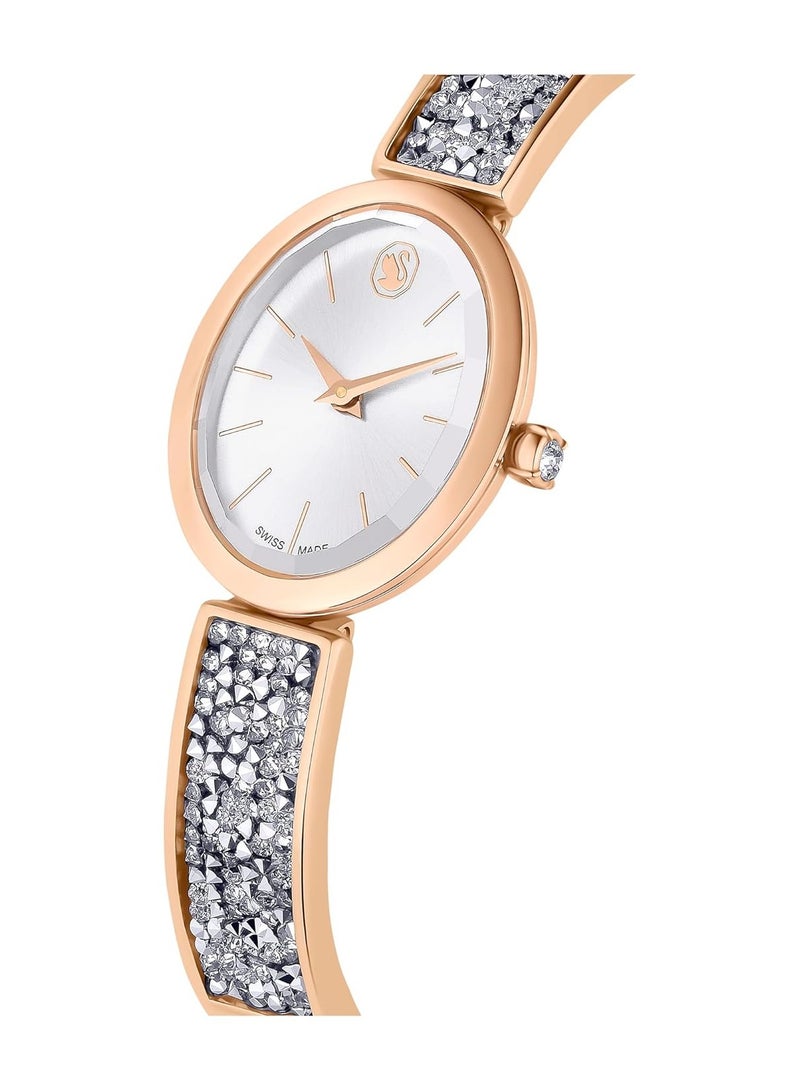 SWAROVSKI ساعة كريستال روك بيضاوية سويسرية الصنع، سوار معدني، لون فضي، تشطيب بلون الذهب الوردي - Image 4