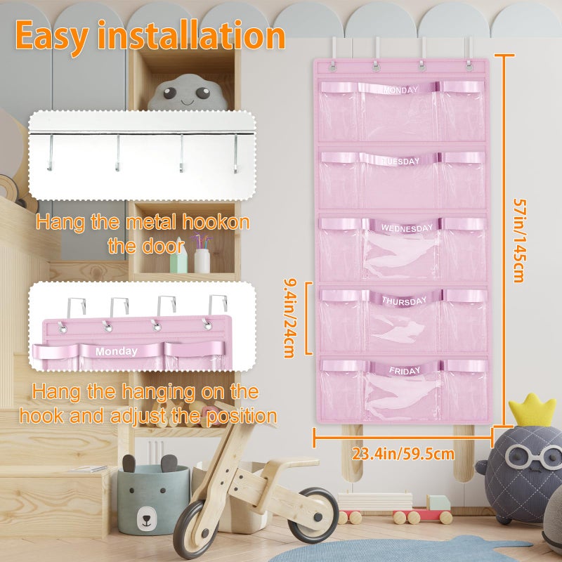 VERONLY Weekly Hanging Closet Organizer for Kids,Day of Week Kids Clothes Organizer,School Clothing Storage Monday to Friday Hanging Closet Organizer Shelves for Bedroom,Bathroom,Dorm (Pink) - Image 3