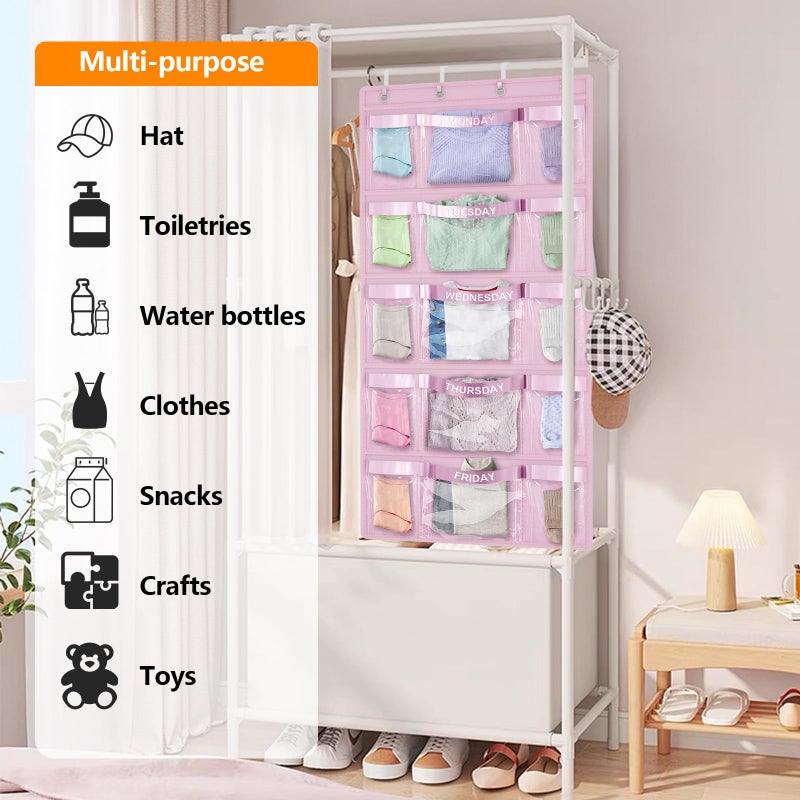 VERONLY Weekly Hanging Closet Organizer for Kids,Day of Week Kids Clothes Organizer,School Clothing Storage Monday to Friday Hanging Closet Organizer Shelves for Bedroom,Bathroom,Dorm (Pink) - Image 4
