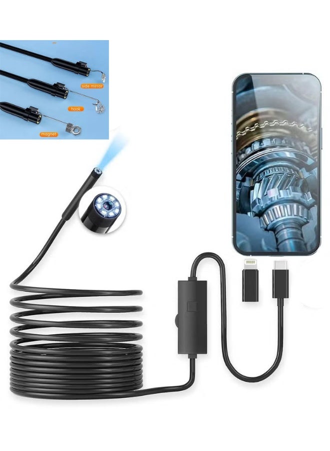 BlueFire 5M Smartphone Wired Endoscope Inspection Camera 1080P HD Waterproof IP68 Borescope with 8 Adjustable LED Lights, Semi-Rigid Cable, USB OTG Type-C & Lightning Compatible for Android & iPhone, Pipe Drain Sewer Wall Engine HVAC Automotive Inspection Camera with Mirror Hook Magnet & USB Adapters - Image 1