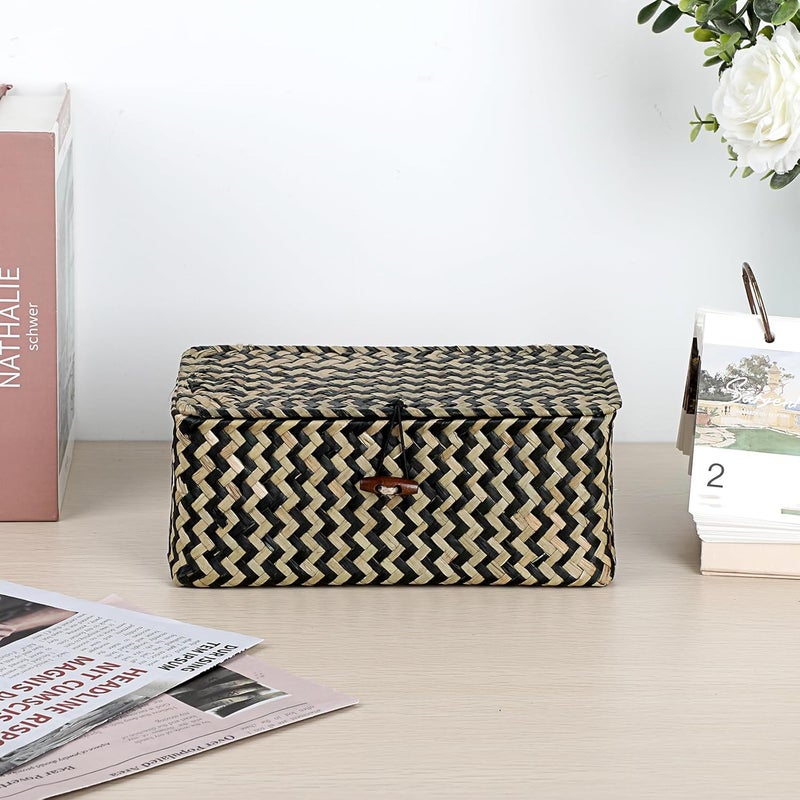 Hipiwe X-small Wicker Basket with Lid Natural Seagrass Storage Baskets Box Handwoven Household Organizer Box Multipurpose Woven Storage Basket for Shelf Closet,Black - Image 3