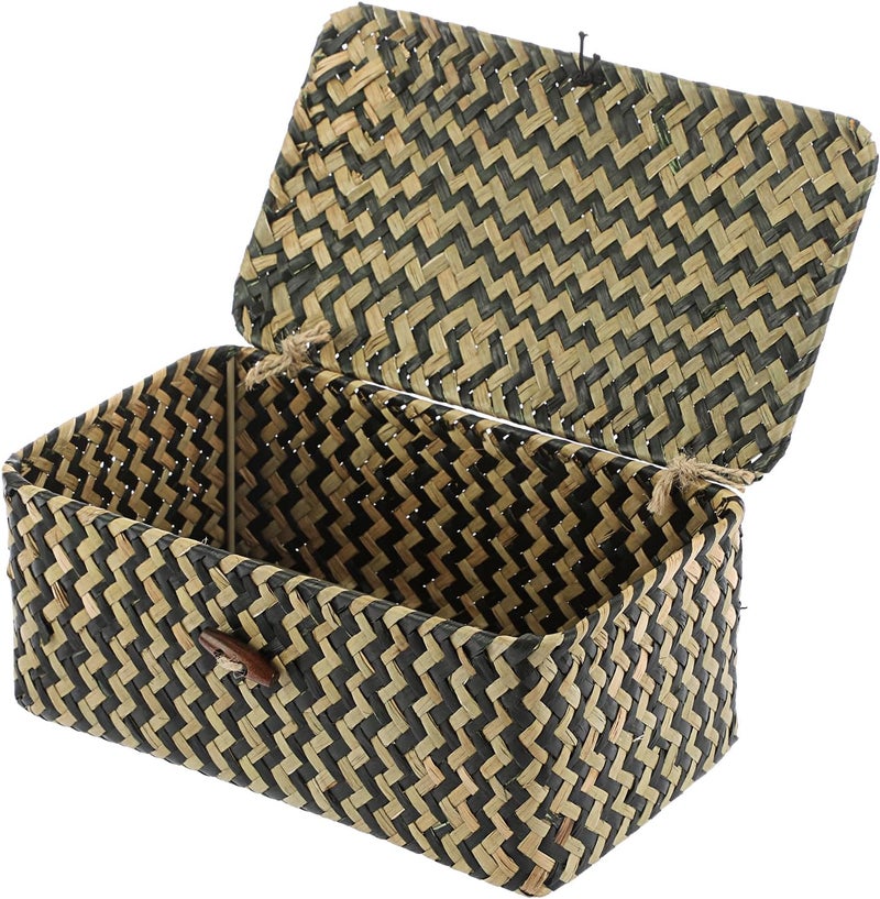 Hipiwe X-small Wicker Basket with Lid Natural Seagrass Storage Baskets Box Handwoven Household Organizer Box Multipurpose Woven Storage Basket for Shelf Closet,Black - Image 1