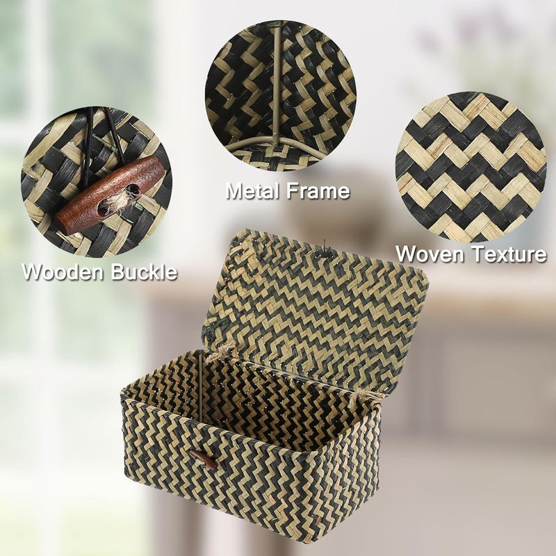 Hipiwe X-small Wicker Basket with Lid Natural Seagrass Storage Baskets Box Handwoven Household Organizer Box Multipurpose Woven Storage Basket for Shelf Closet,Black - Image 5