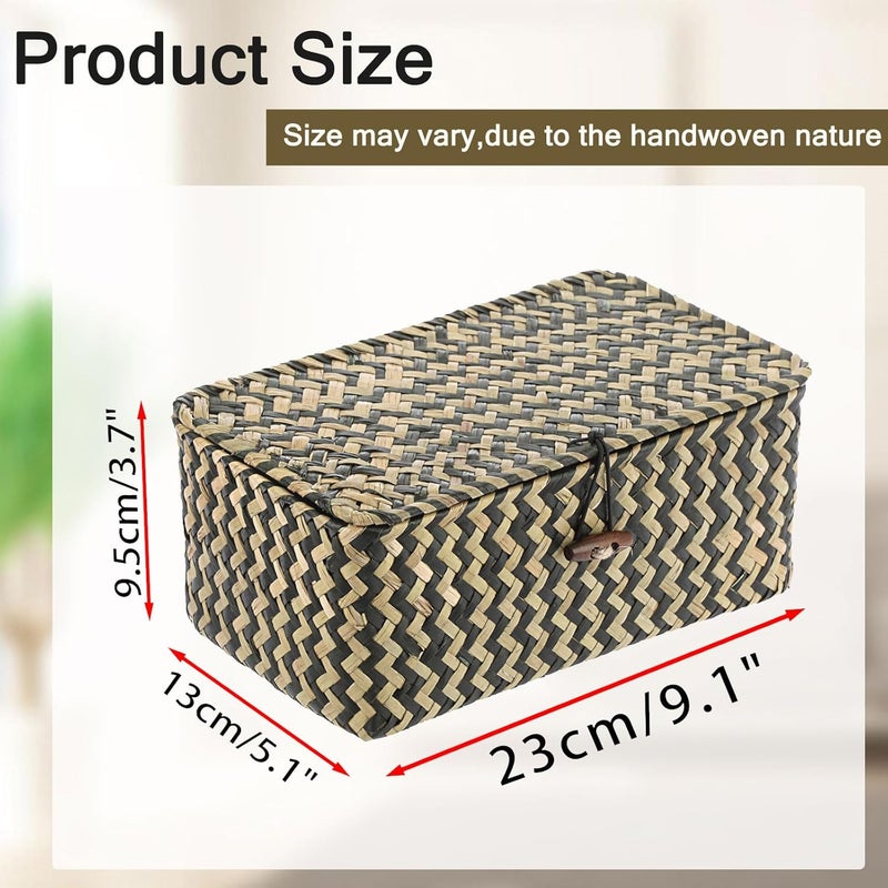 Hipiwe X-small Wicker Basket with Lid Natural Seagrass Storage Baskets Box Handwoven Household Organizer Box Multipurpose Woven Storage Basket for Shelf Closet,Black - Image 2