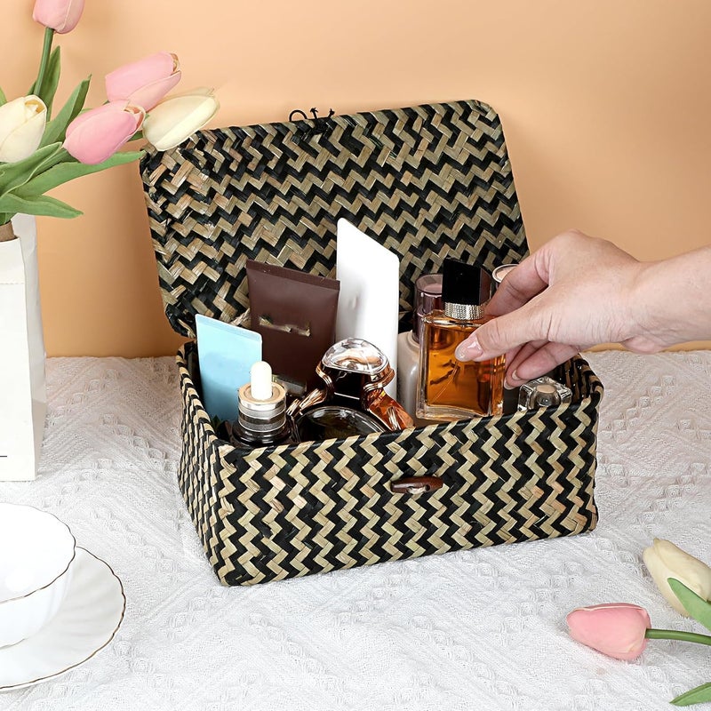 Hipiwe X-small Wicker Basket with Lid Natural Seagrass Storage Baskets Box Handwoven Household Organizer Box Multipurpose Woven Storage Basket for Shelf Closet,Black - Image 4