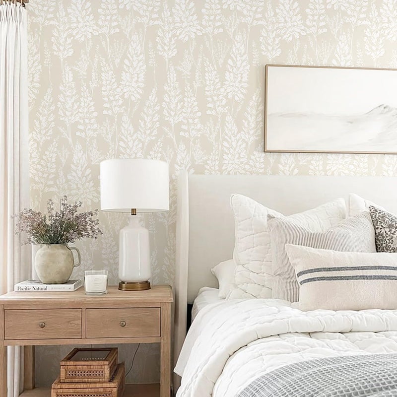Ismoon Floral Peel and Stick Wallpaper Boho Beige Contact Paper 17.3''x78.7'' Neutral Wallpaper Renter Friendly Removable Self-Adhesive Wall Paper for Bedroom Kitchen Wall Decor Vinyl - Image 2