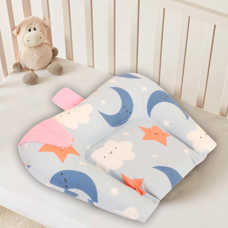 Nonibud Cotton Mustard Seeds Pillow for New Born Baby Nursing Head Shaping Pillow Easy Washing Feeding Moon Sky Blue - Image 1