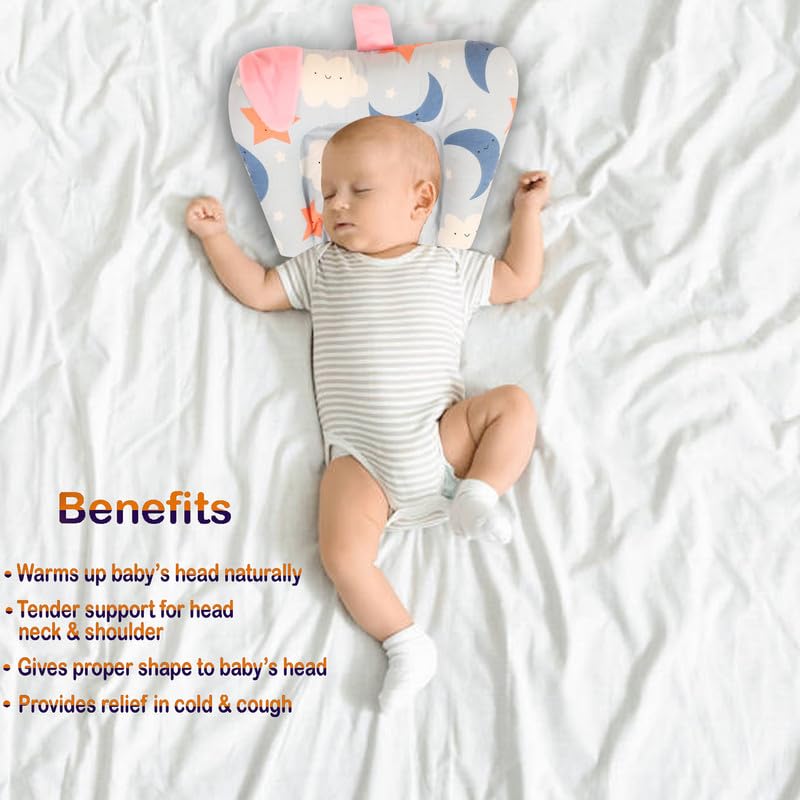 Nonibud Cotton Mustard Seeds Pillow for New Born Baby Nursing Head Shaping Pillow Easy Washing Feeding Moon Sky Blue - Image 2