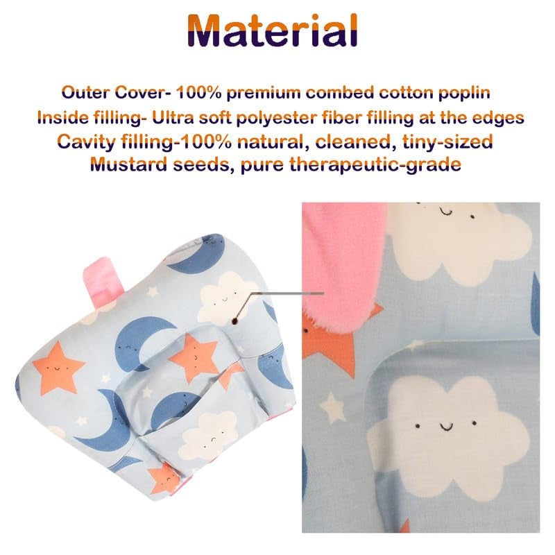 Nonibud Cotton Mustard Seeds Pillow for New Born Baby Nursing Head Shaping Pillow Easy Washing Feeding Moon Sky Blue - Image 3