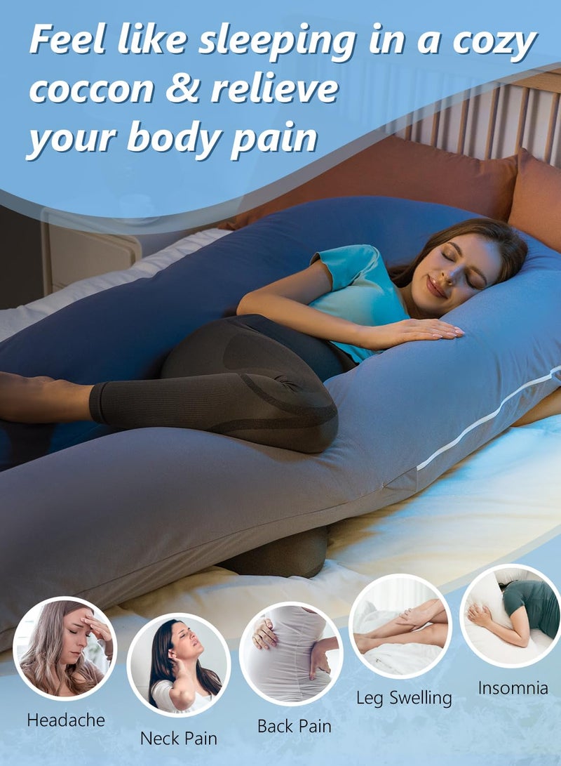 Meiz Pregnancy Pillows, Cooling Silky Pregnancy Pillows for Sleeping, 65" U Shaped Full Body Maternity Pillow for Pregnant Women, with Washable Jersey Cotton Cover, Blue - Image 2