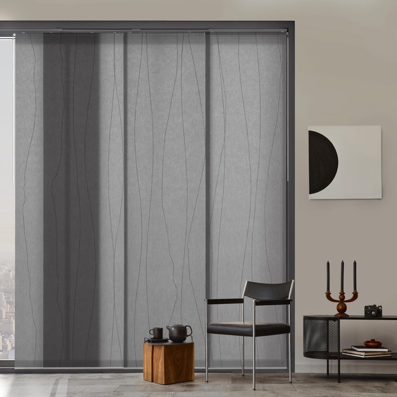 GoDear Design Adjustable Sliding Panel Track Door Blinds 458 86 W x 96 H Extendable Track Vertical Blinds for Sliding Glass Doors Grey Trimmable Fabric Panel Curtains Light Filtering Find Me