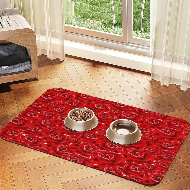 Dog Food Mats for Floors Rose Valentines Day Absorbent Pet Cat Food Mat Quick Dry Dog Bowl Mats for Water Pet Supplies 18X12In - Image 1