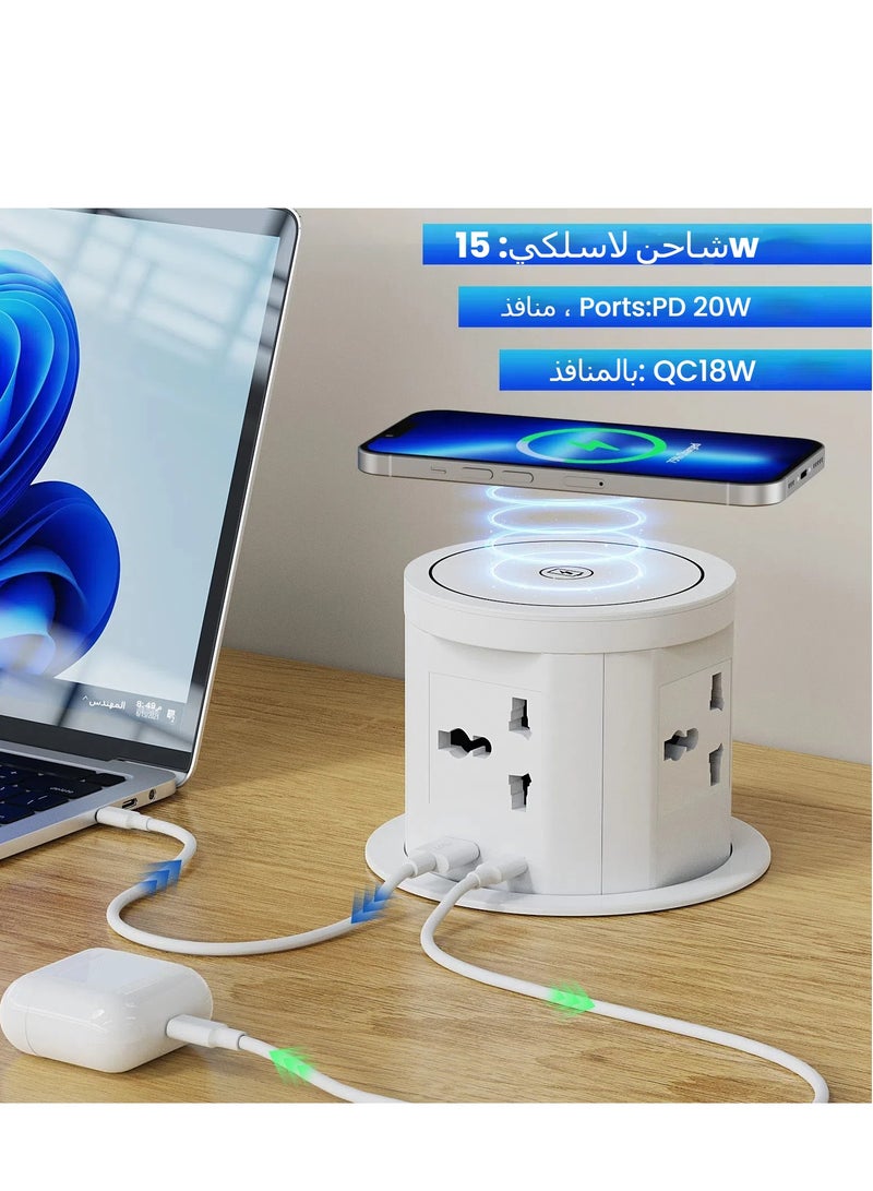 .Socket شاحن برفادات هوائية بقدرة شحن سلكية سريعة 18 واط لخزائن المطبخ - Socket مخفية على سطح الطاولة مع 4 منافذ بريطانية + منفذ USB A+C عالمي وشاحن سلكي بقوة 15 واط  - Image 4