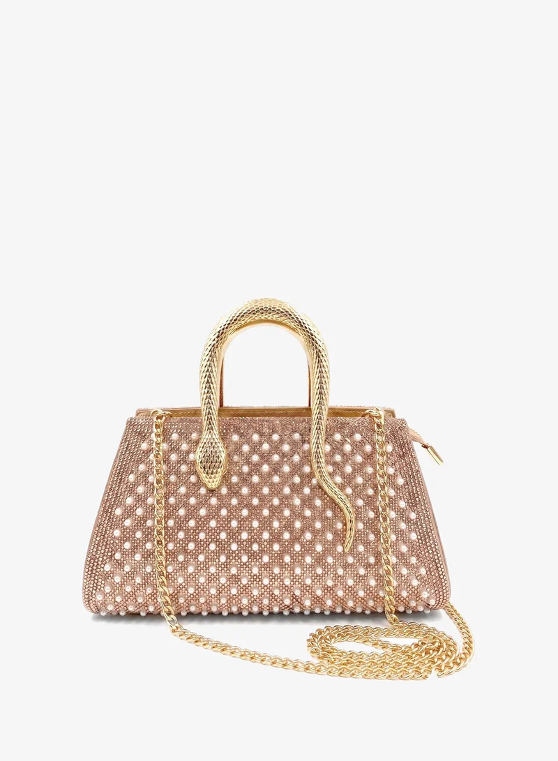 Viny Champagne Viny Women's Luxury Rhinestone Shoulder Bag – Crystal Embellished with Snake Handle & Detachable Chain – Parties, Weddings & Formal Occasions for Women | Best Price UAE