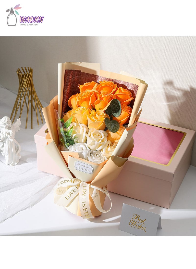 WAOKN 18-Piece Roses And Hydrangea Bouquets Forever Flowers Decor Artificial Flower Bouquet High-Value Soap Flower Gift Box Long-Lasting Real Roses Forever Bouquet Gifts for Women Gradient Orange