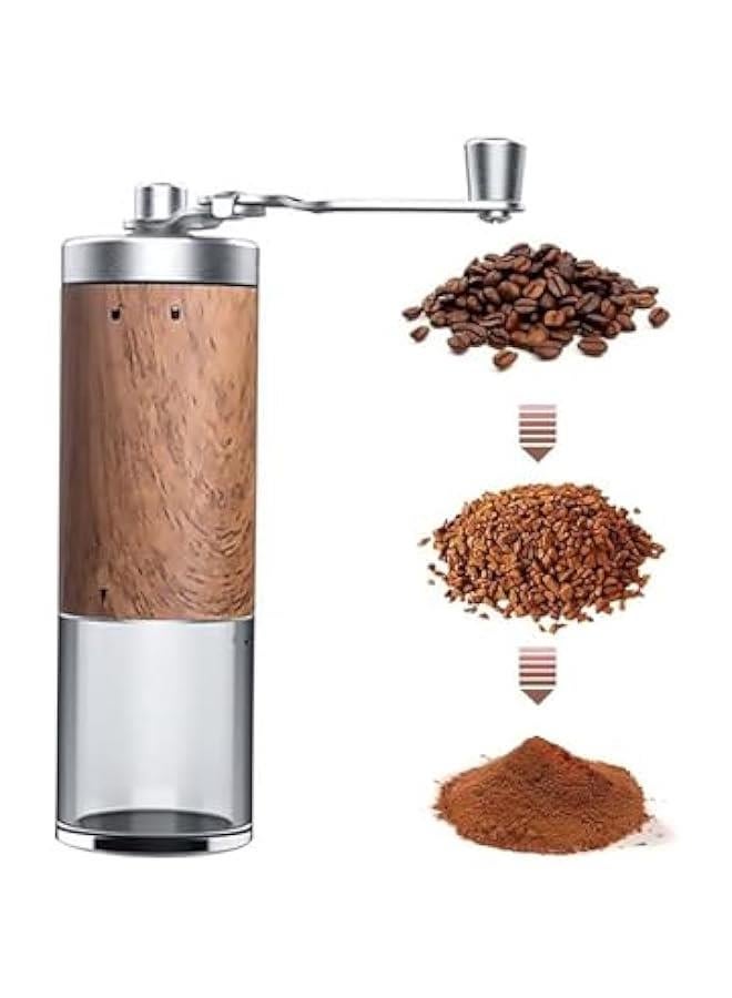 HOOKOR Manual coffee bean grinder with stainless steel burrs, portable stainless steel folding handle coffee bean grinder, transparent powder bin,Brown - Image 1