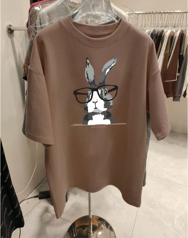 2024 Summer New Cartoon Short Sleeve T-shirts Womens Loose Fit Medium Length Fashionable Versatile Stylish Age-reducing Top Coffee  - Image 1
