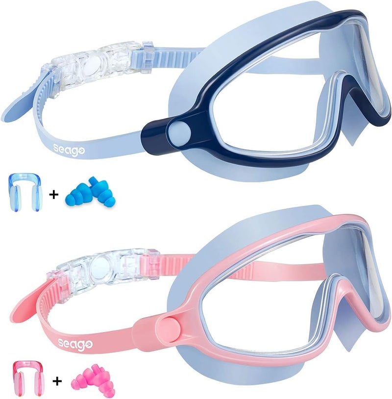 Seago Swim Goggles 2 Pack Anti-Fog Anti-UV Wide View Swimming Goggles for Kids 3-14 - Image 1