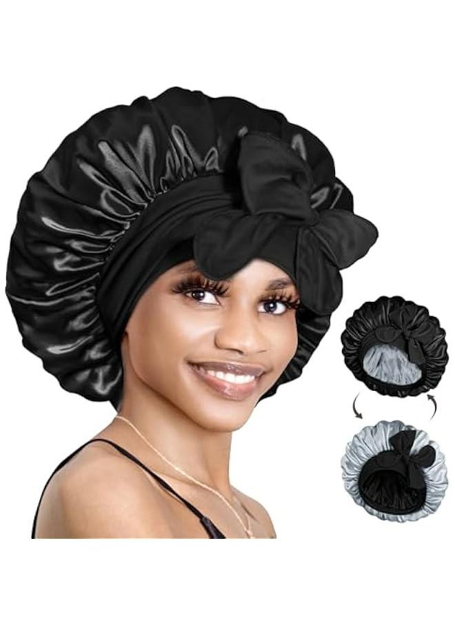 Generic Silk Bonnet for Sleeping Double Layer Satin Bonnet Reversible Bonnet with Tie Band Hair Bonnet Sleep Cap for Women Curly Hair,Black+Grey  - Image 1
